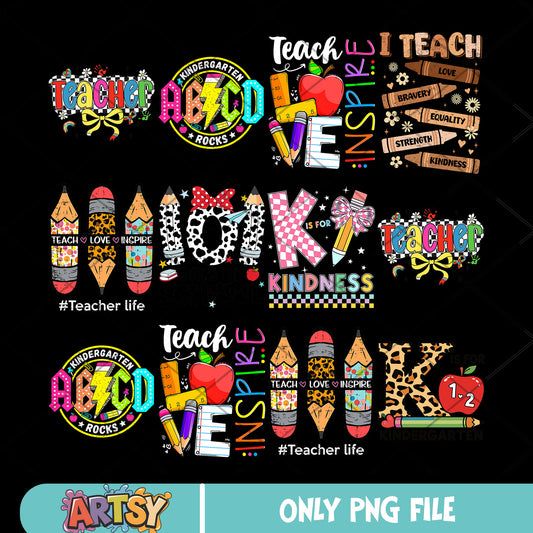 Pencil teacher day png bundle, teacher love png, apple school png