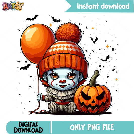 Pennywise Halloween PNG, Cute Clown Pumpkin, Horror PNG