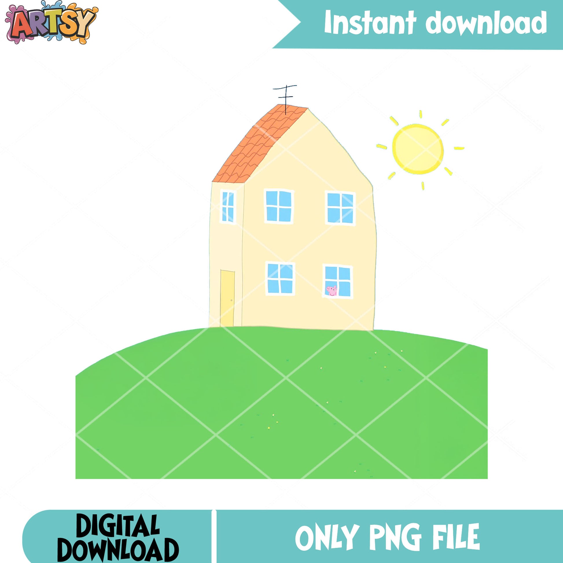 Peppa pig house png, sunny sun png, cartoon for kids png