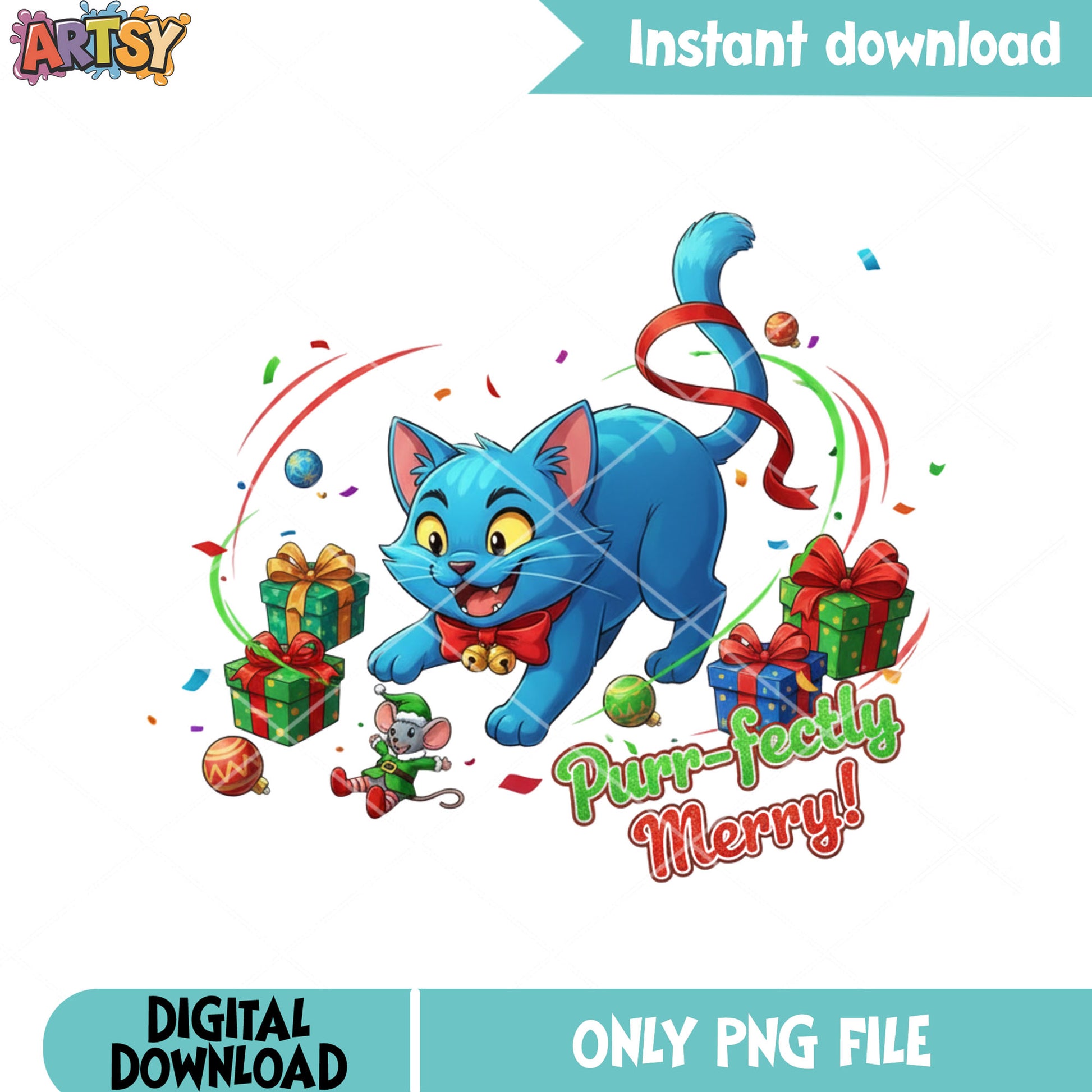 Perfect merry blue cat png, christmas gifts png, derby cat png