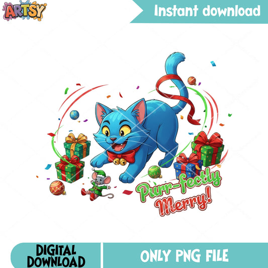 Perfect merry blue cat png, christmas gifts png, derby cat png