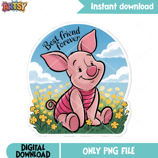 Piglet sticker love flower png, winnie the pooh png, disney piglet png