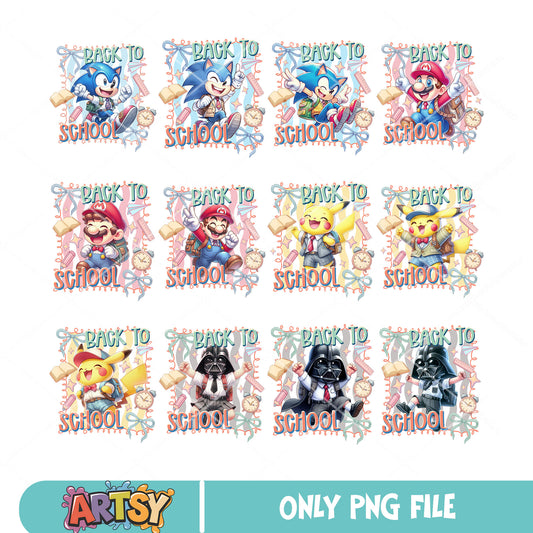 Pikachu back to school png bundle, mario school png, sonic school png