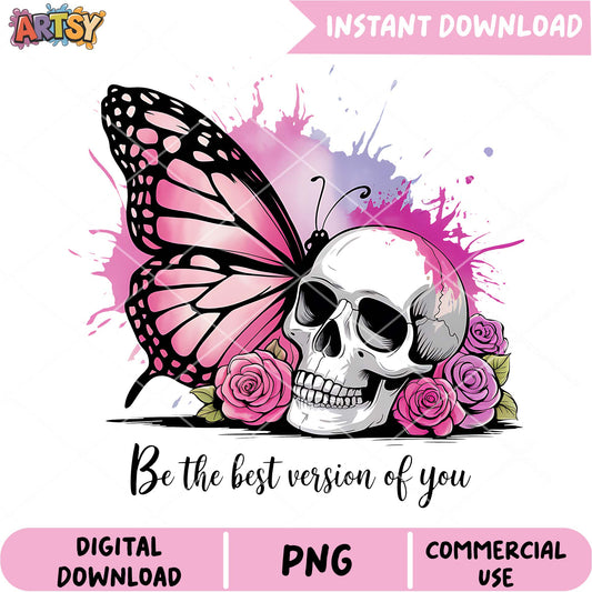 Pink Butterfly Skull Roses PNG Design