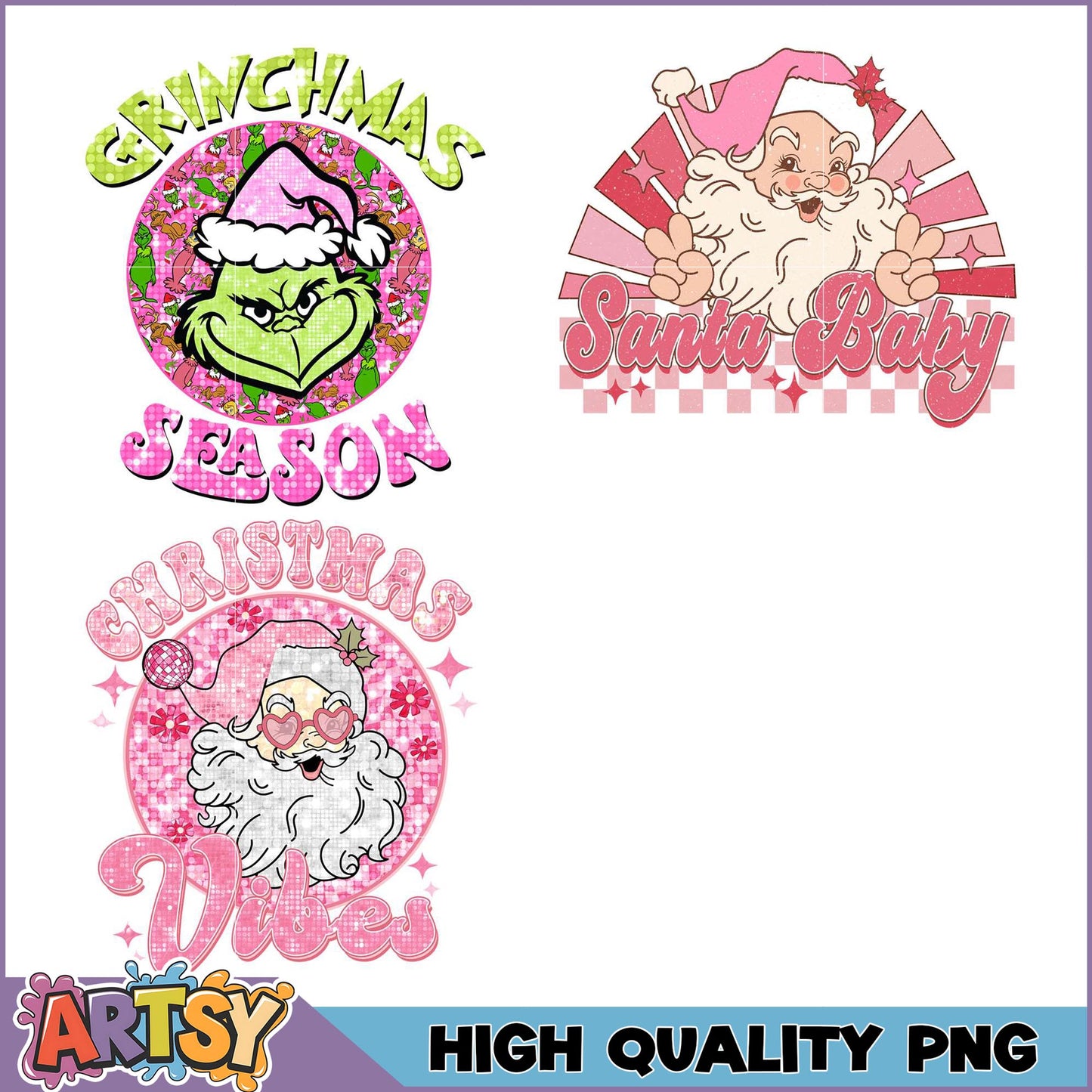 Pink Christmas PNG Bundle Grinch, Santa Designs