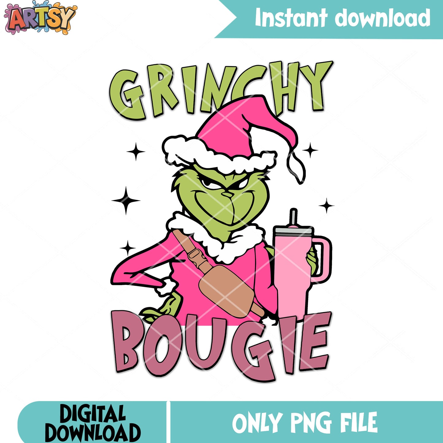 Pink Ginchy thermocup png, christmas cards png, the grinch png