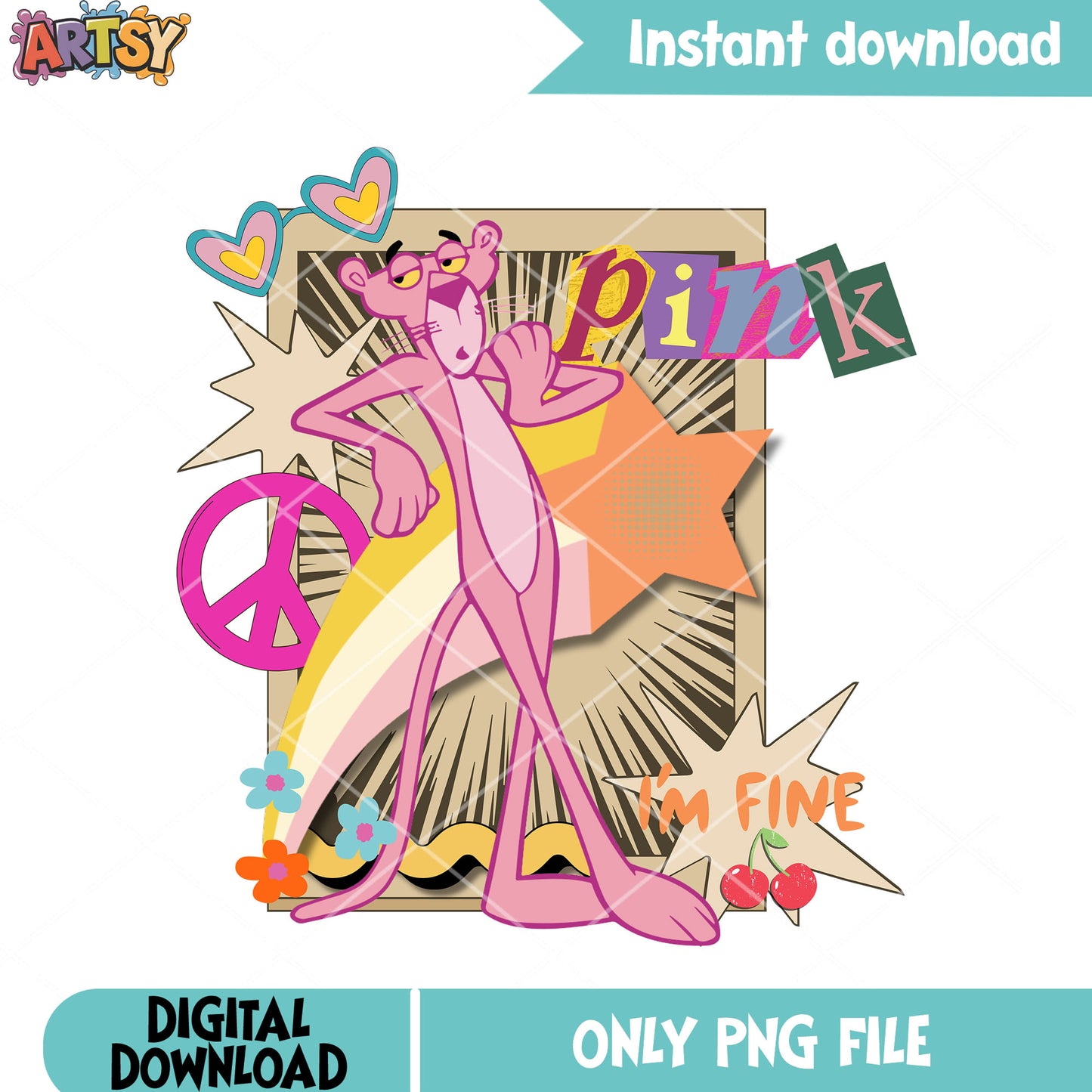 Pink Panther art png, peace sign with rainbow png, classic cartoon png