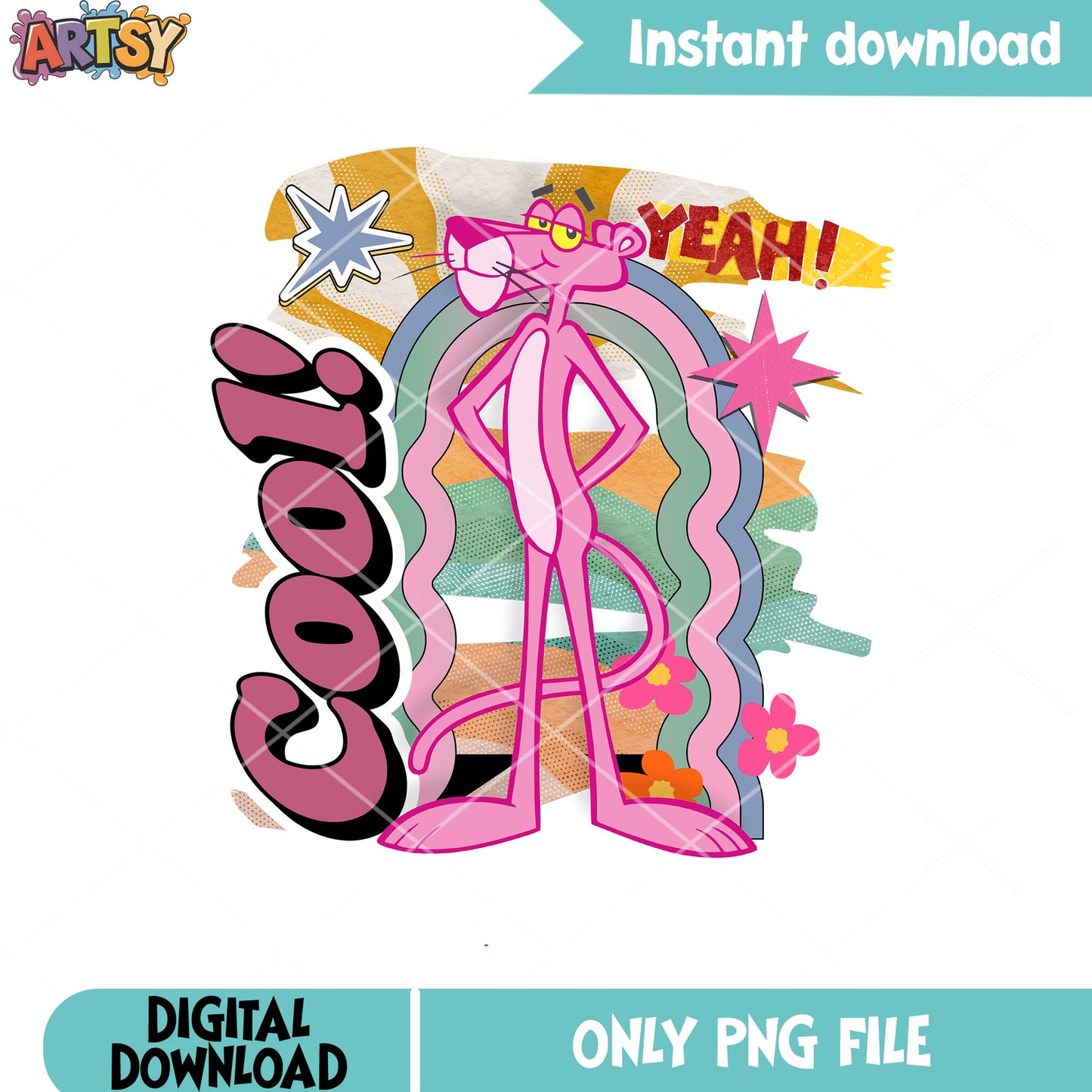 Pink Panther cool pose with rainbow and yeah text png, cartoon png