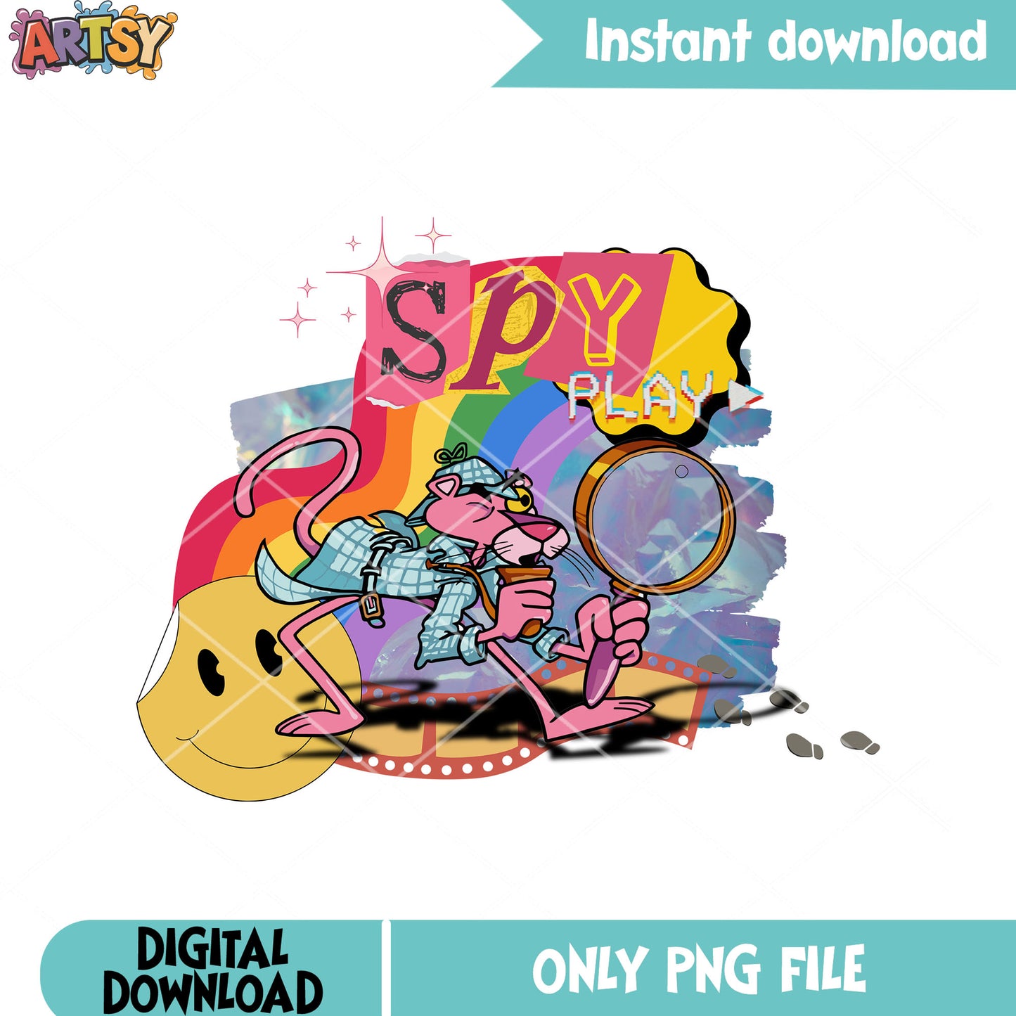 Pink Panther detective png, rainbow magnifying glass png, cartoon png