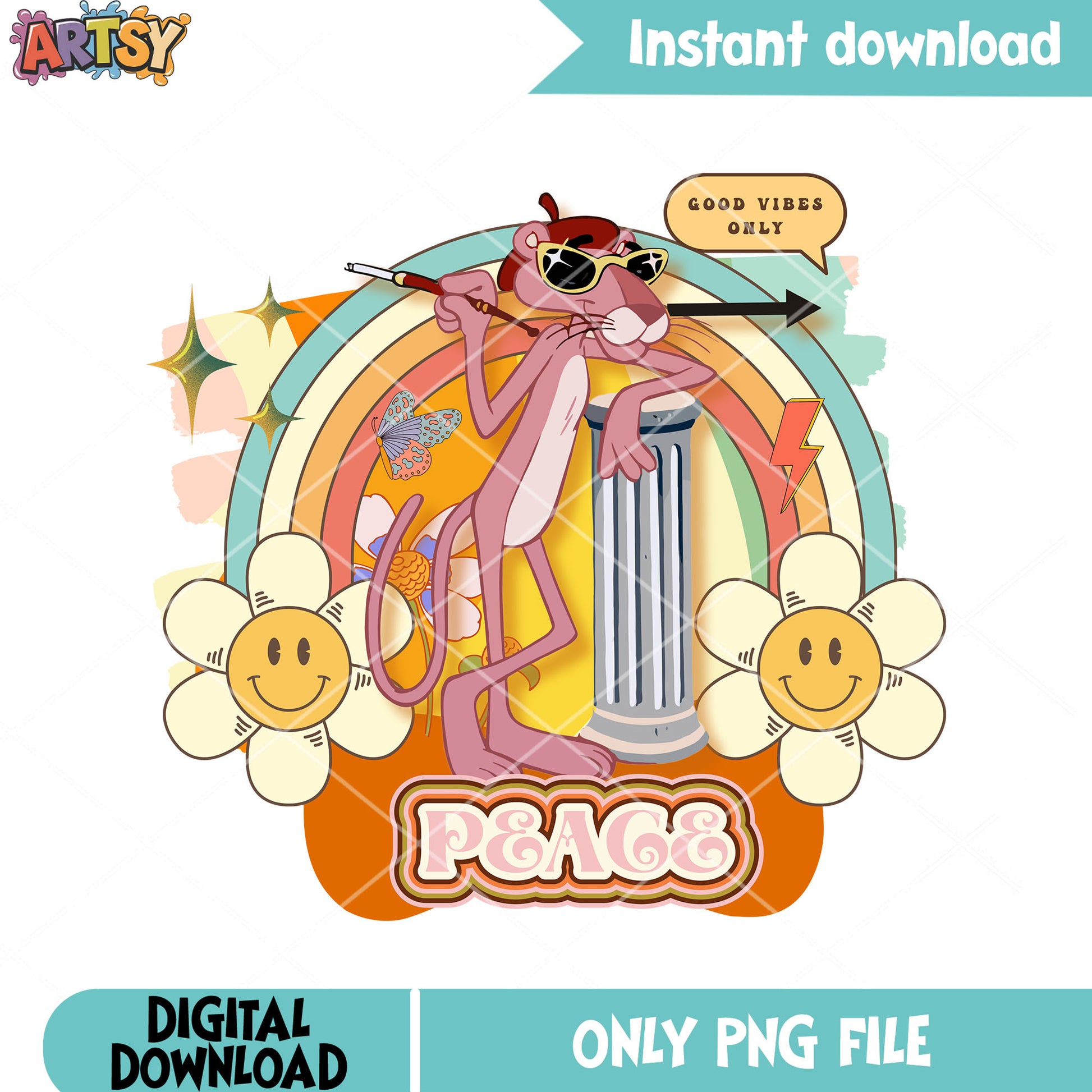 Pink Panther png, retro style png, peace and love png