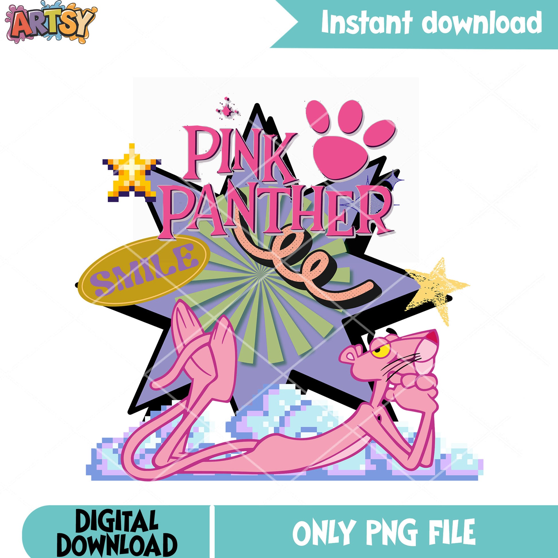 Pink Panther relaxing with stars and smile text png, cartoon png