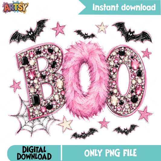 Pink Boo Halloween PNG, Glitter Boo Shirt Design PNG, Spooky Halloween PNG