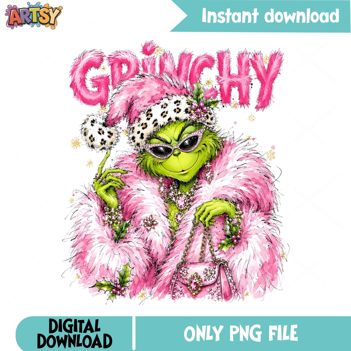 Pink Grinchy Christmas PNG, Grinch Pink Fur Coat PNG, Holiday PNG