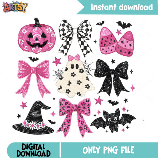 Pink Halloween Coquette Bow Bundle PNG, Ghost Pumpkin PNG, Halloween PNG