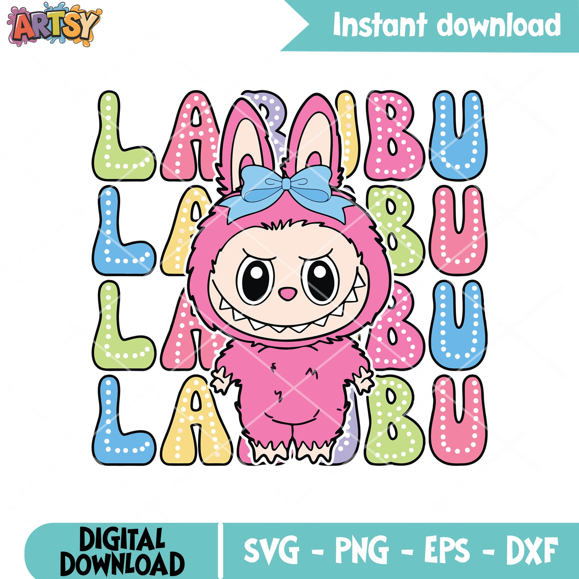 Pink bow cute labubu svg, pink labubu svg, labubu popmart svg