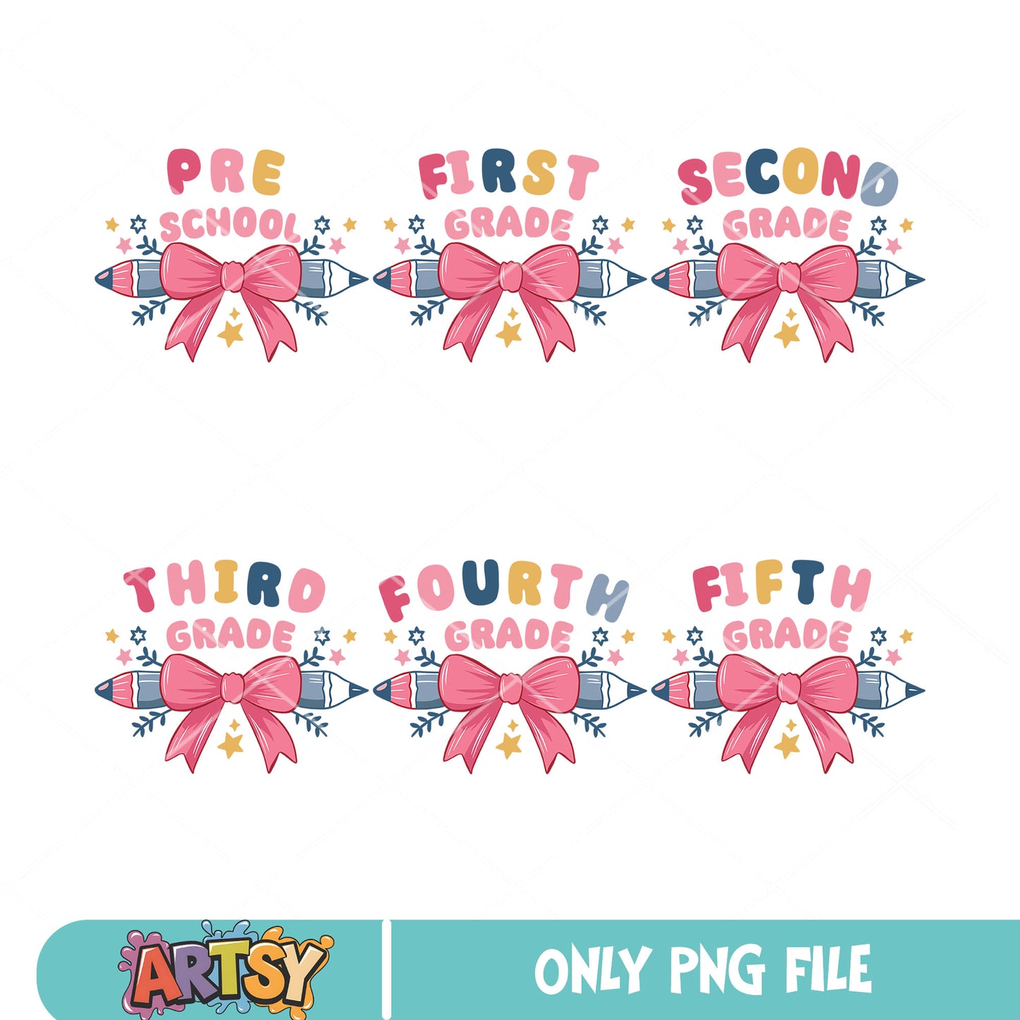 Pink bow pencil grade png bundle, pink bow tie png, grade school png