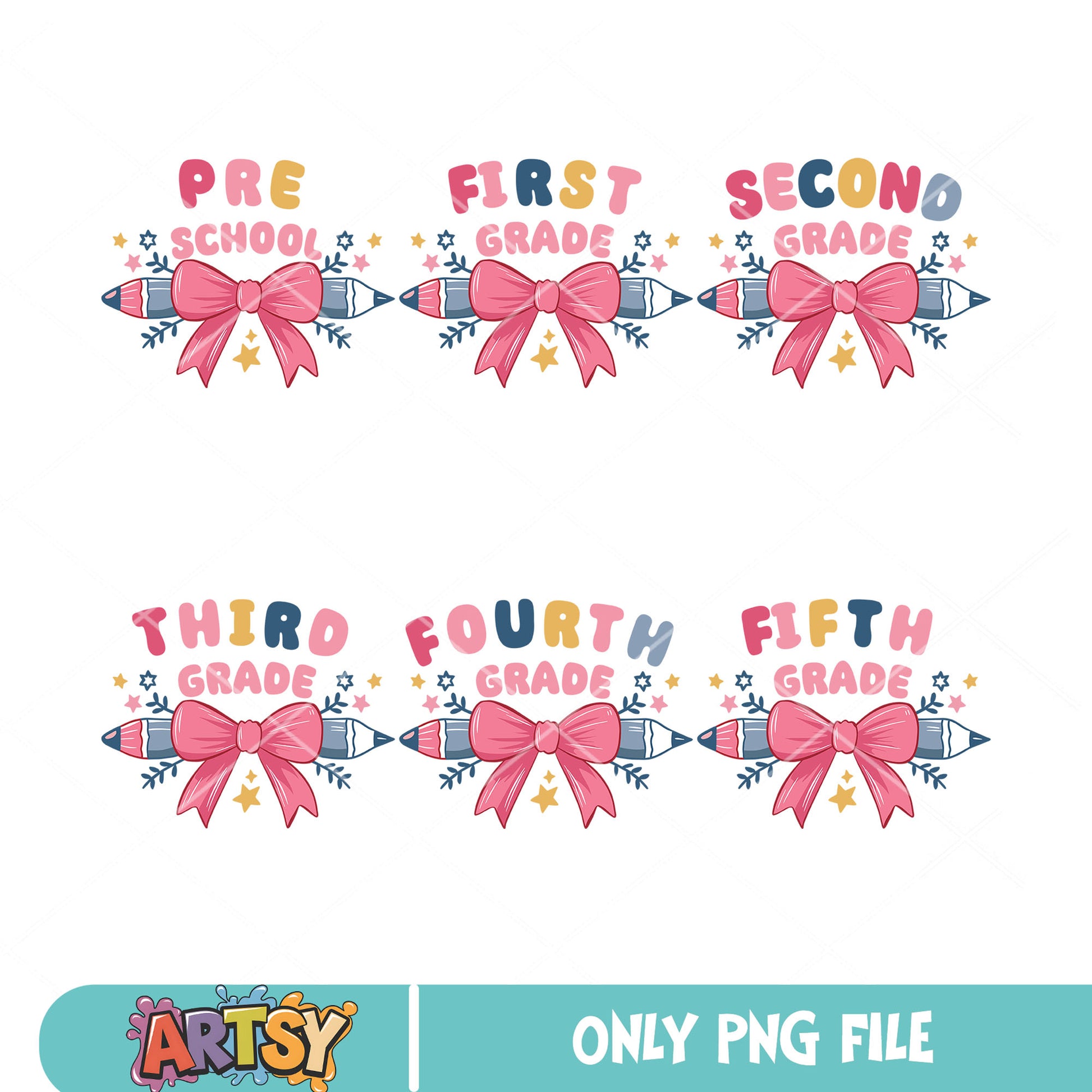 Pink bow pencil grade png bundle, pink bow tie png, grade school png