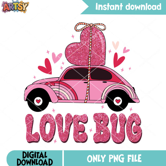 Pink car valetines love png, valentines heart png, valentines day png