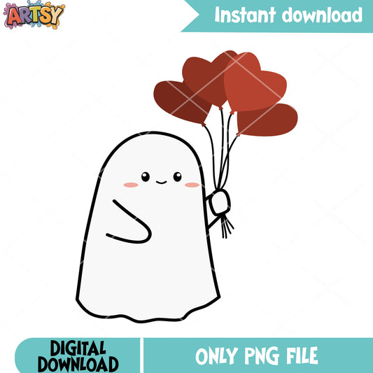 Pink cheek Cutie ghost png, heart balloon png, halloween scary png