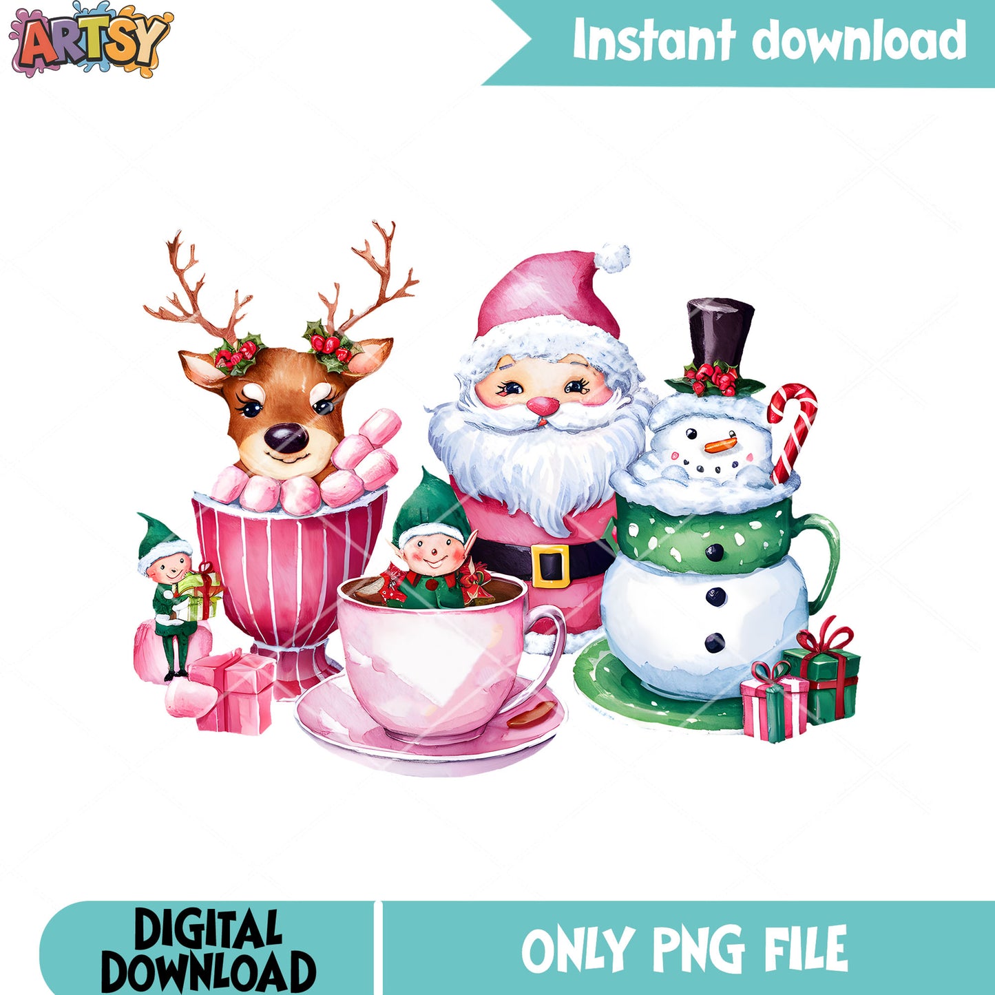 Pink christmas stuff png, santa claus png, christmas reindeer png