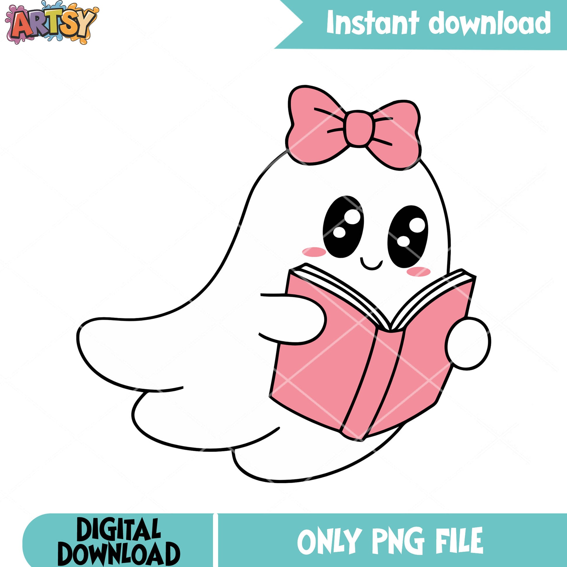 Pink ghost read pink book png, pink bow tie png, halloween scary png