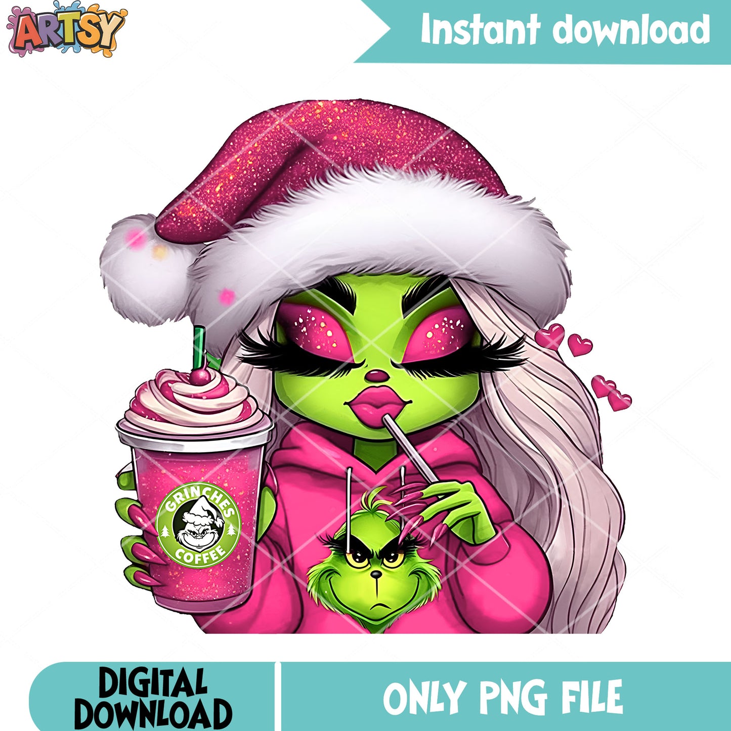 Pink girnch hoodie green girl png, christmas coffee png, the grinch png