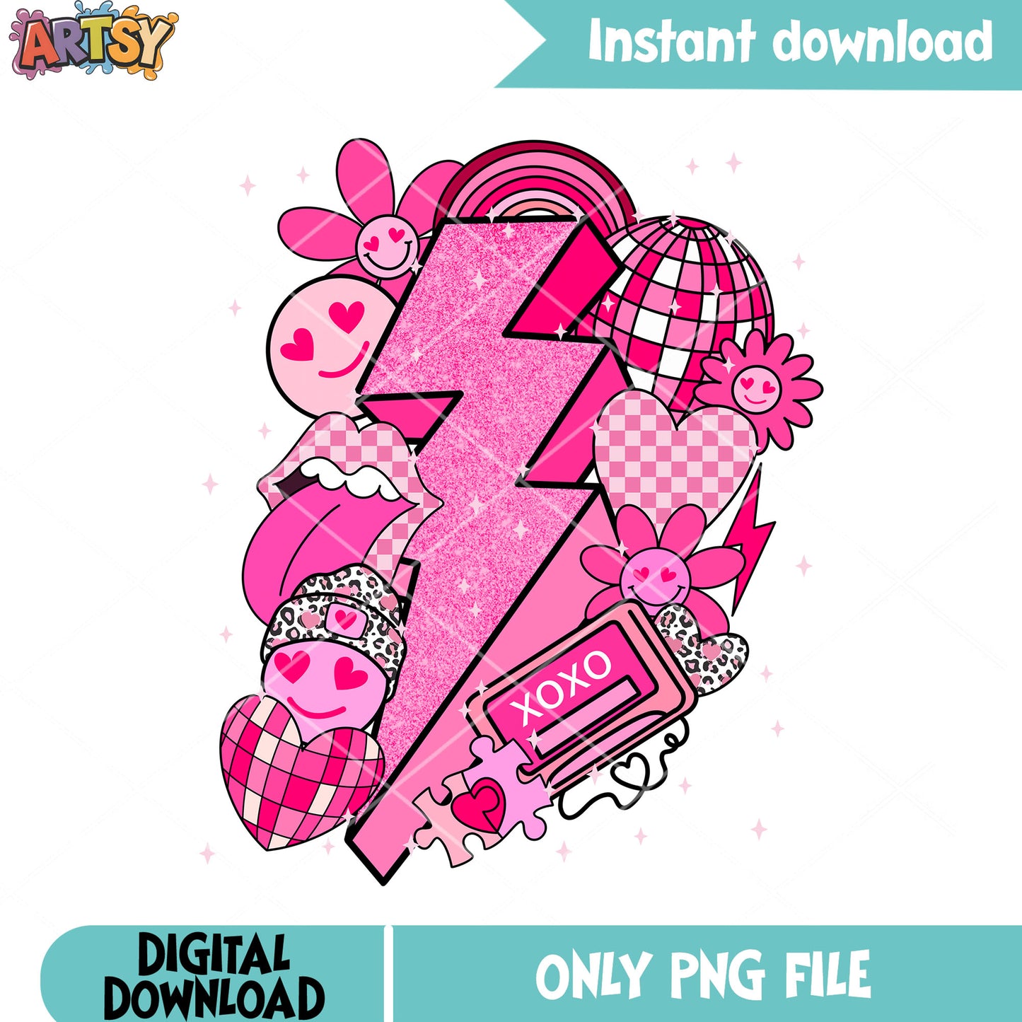 Pink lightning bolt valentines png, smile icon png, valentines vibes png