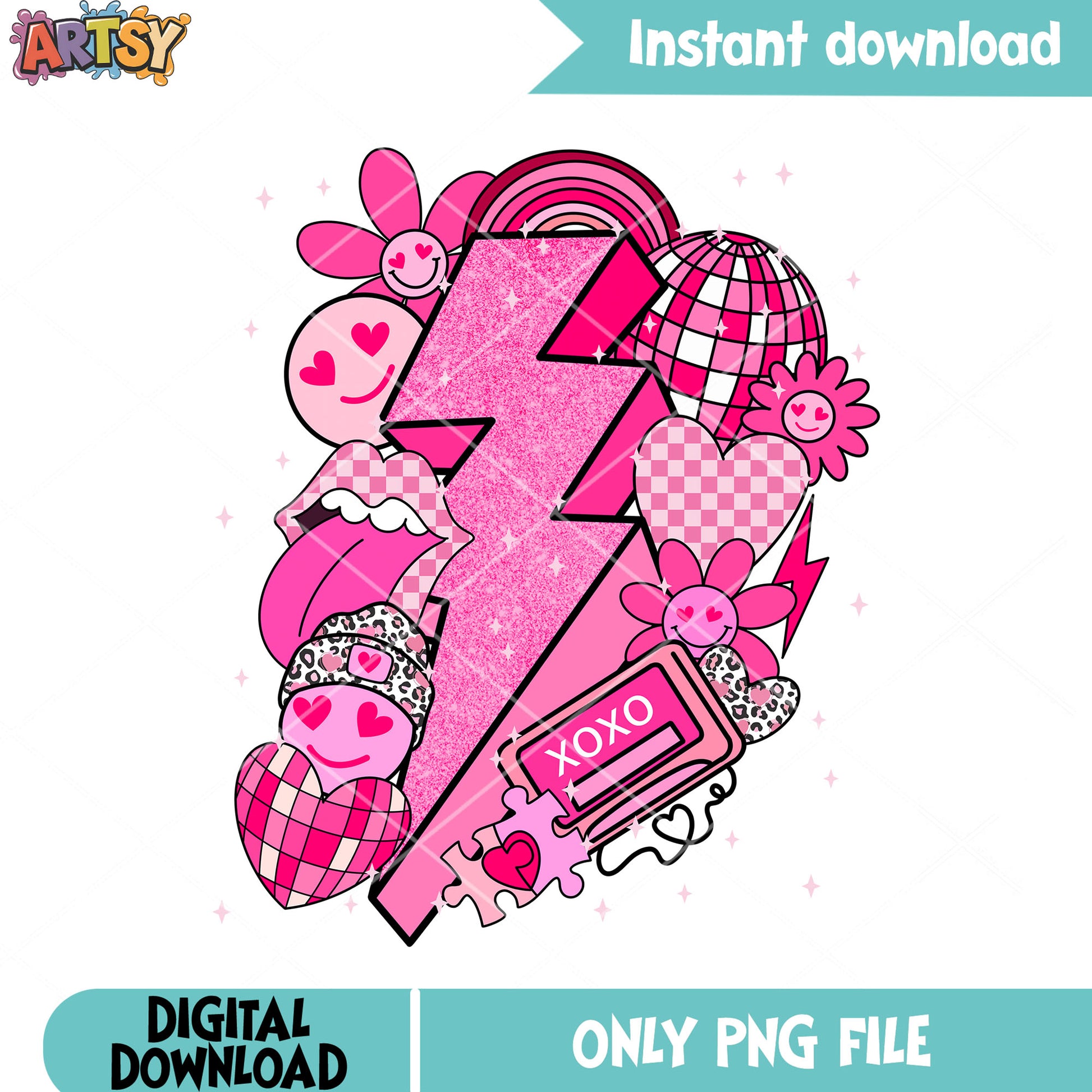 Pink lightning bolt valentines png, smile icon png, valentines vibes png