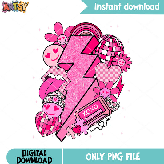 Pink lightning bolt valentines png, smile icon png, valentines vibes png