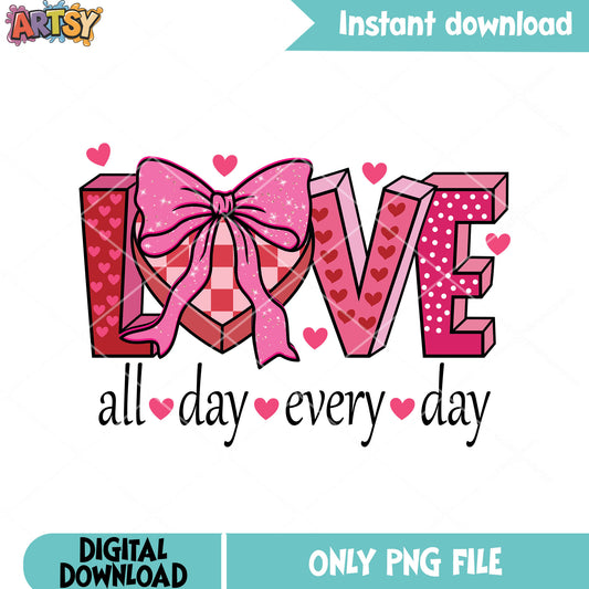 Pink love valentine all dayc png, valentine bow png, valentine gifts png