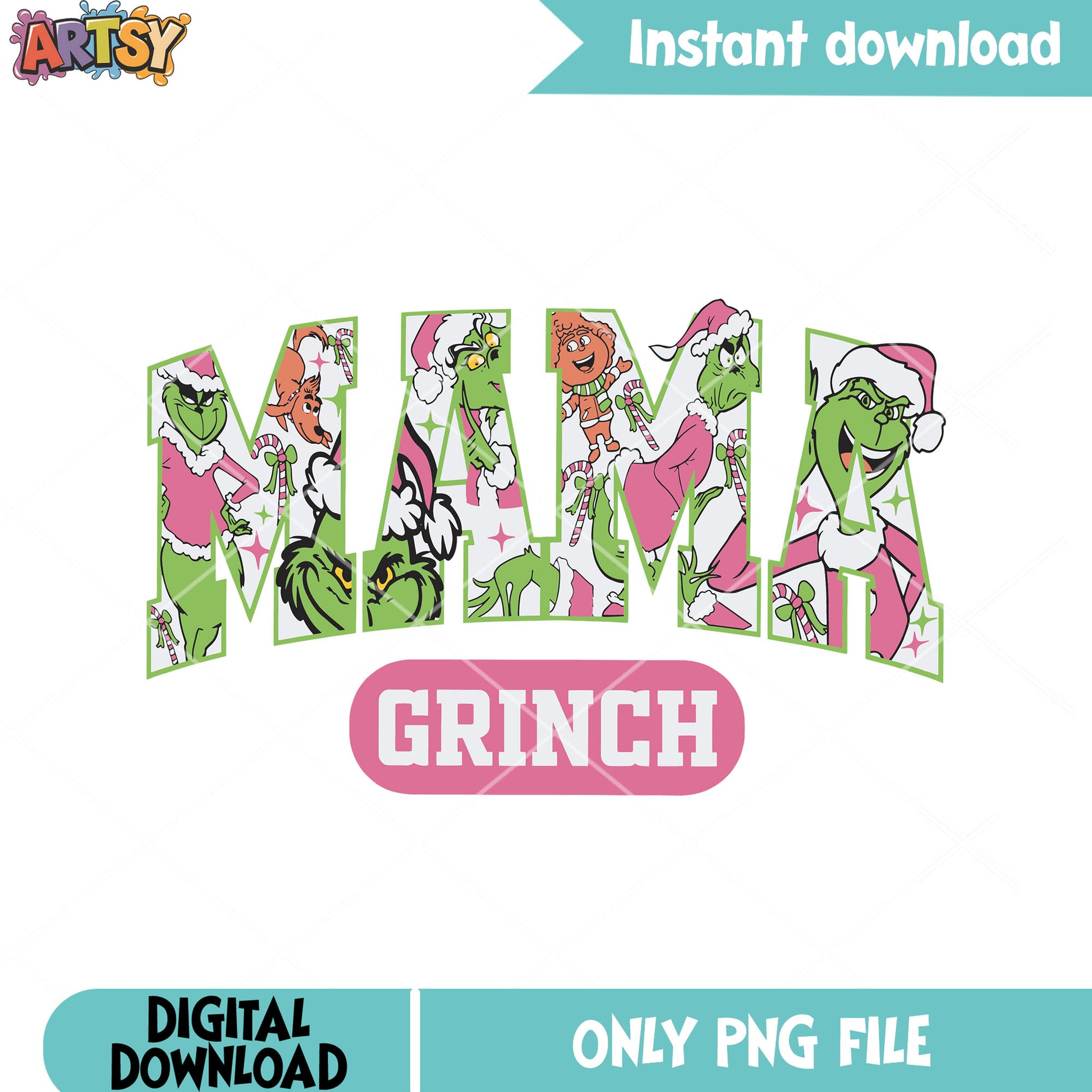 Pink mama grinch colorful png, squad christmas png, font design png