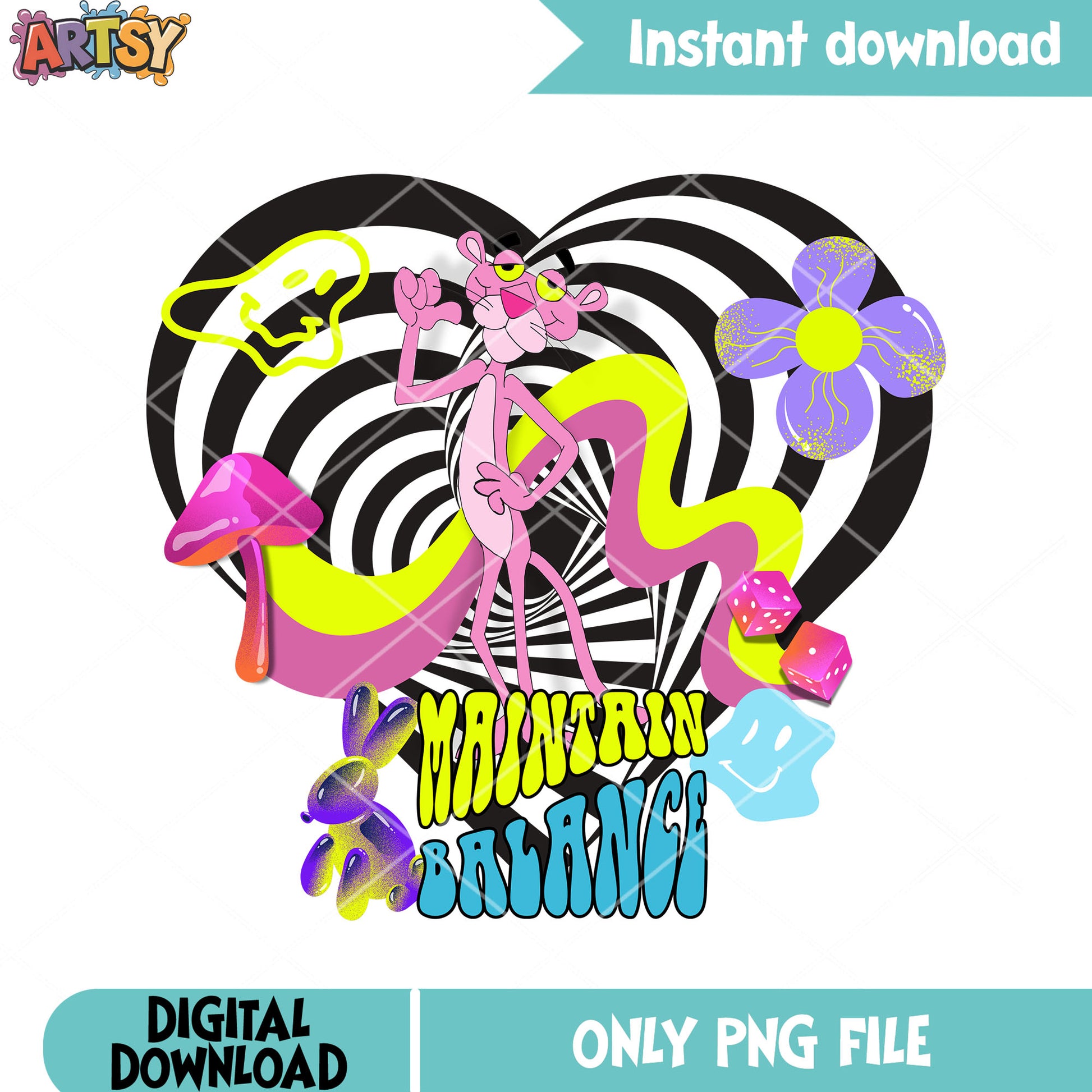 Pink panther balance png, psychedelic cartoon png, trippy design png