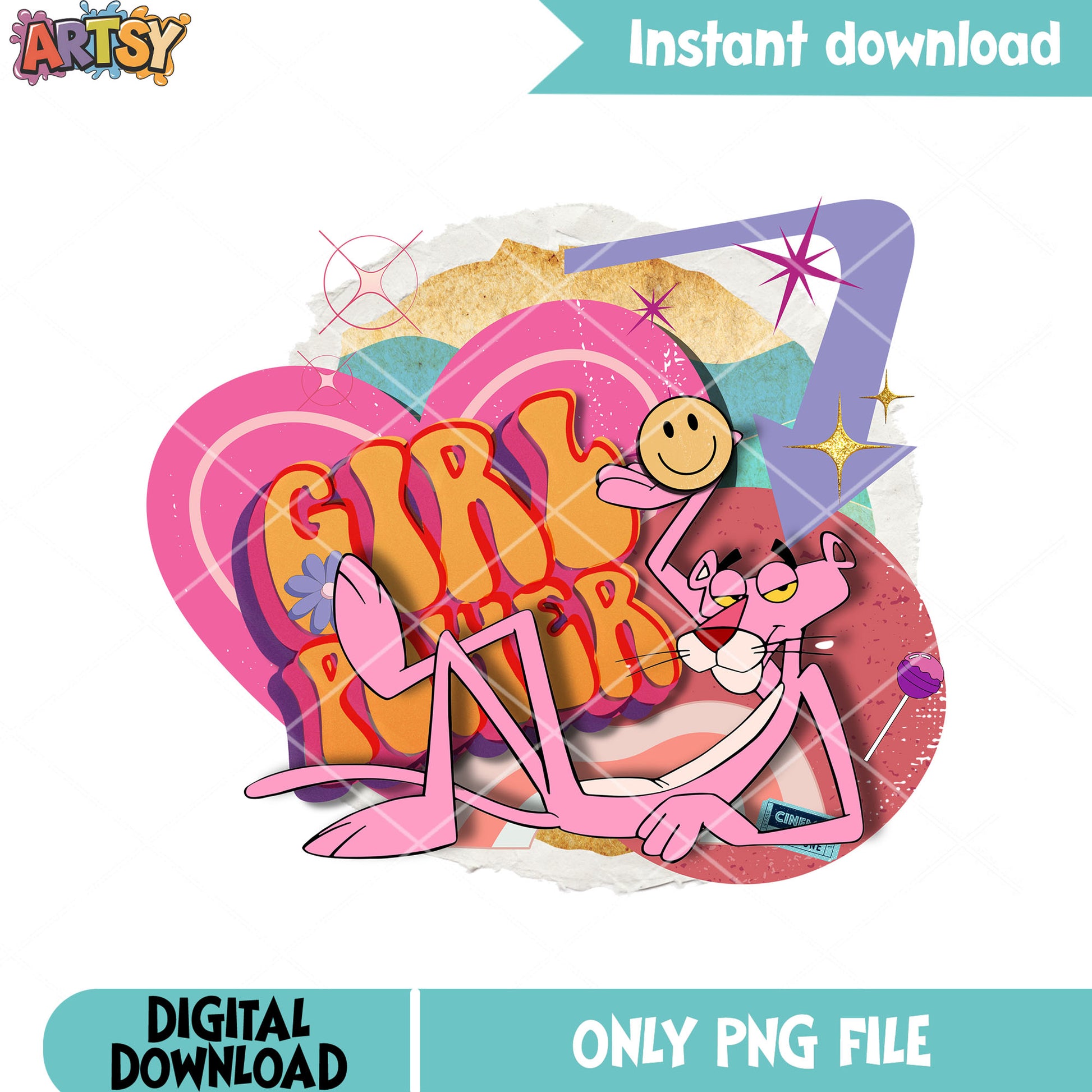 Pink panther girl power png, retro cartoon png, smile sticker​ png