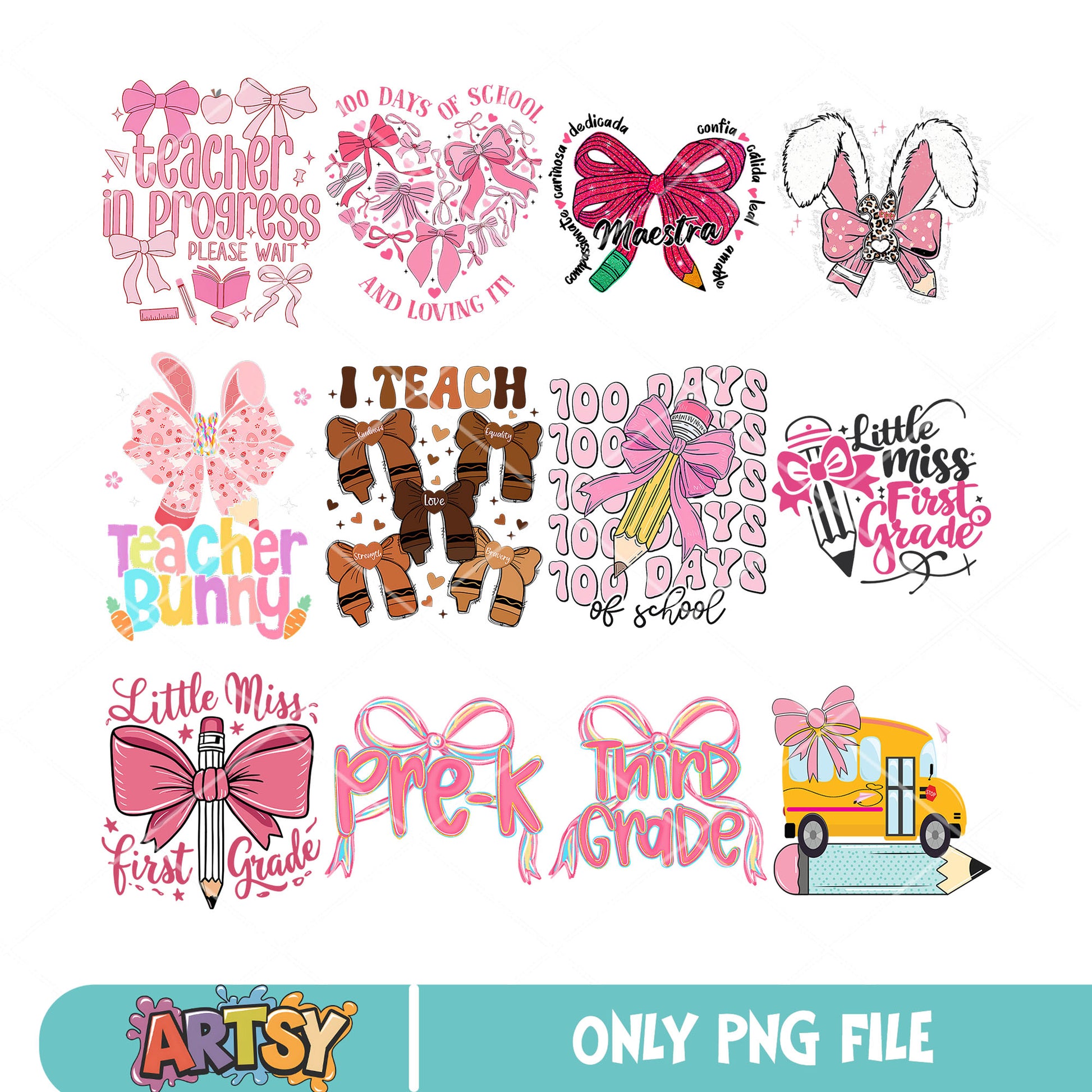 Pink teacher bunny png bundle, teacher grade png, teacher bunny png