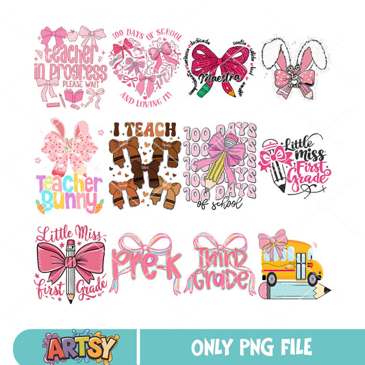 Pink teacher bunny png bundle, teacher grade png, teacher bunny png