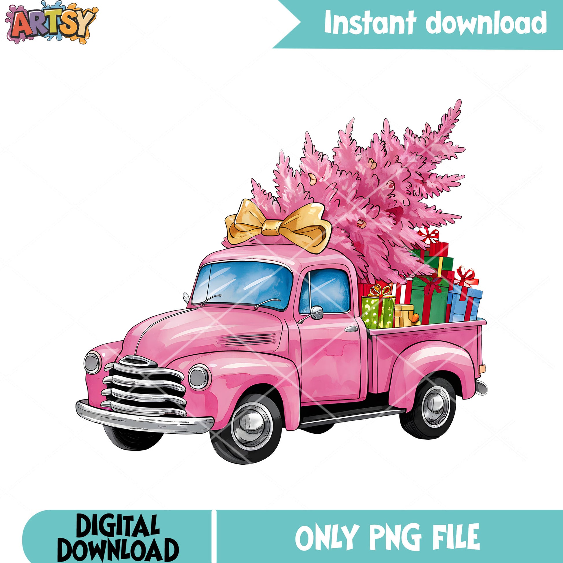 Pink truck from the christmas png, christmas tree png, merry xmas png