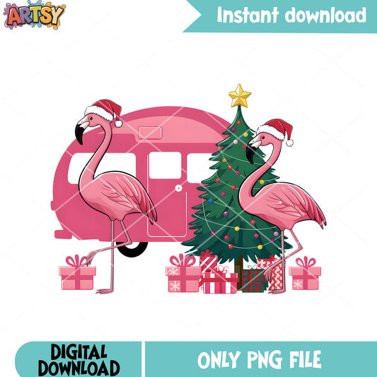 Pinky christmas flamingo png, christmas poster png, christmas vibes png