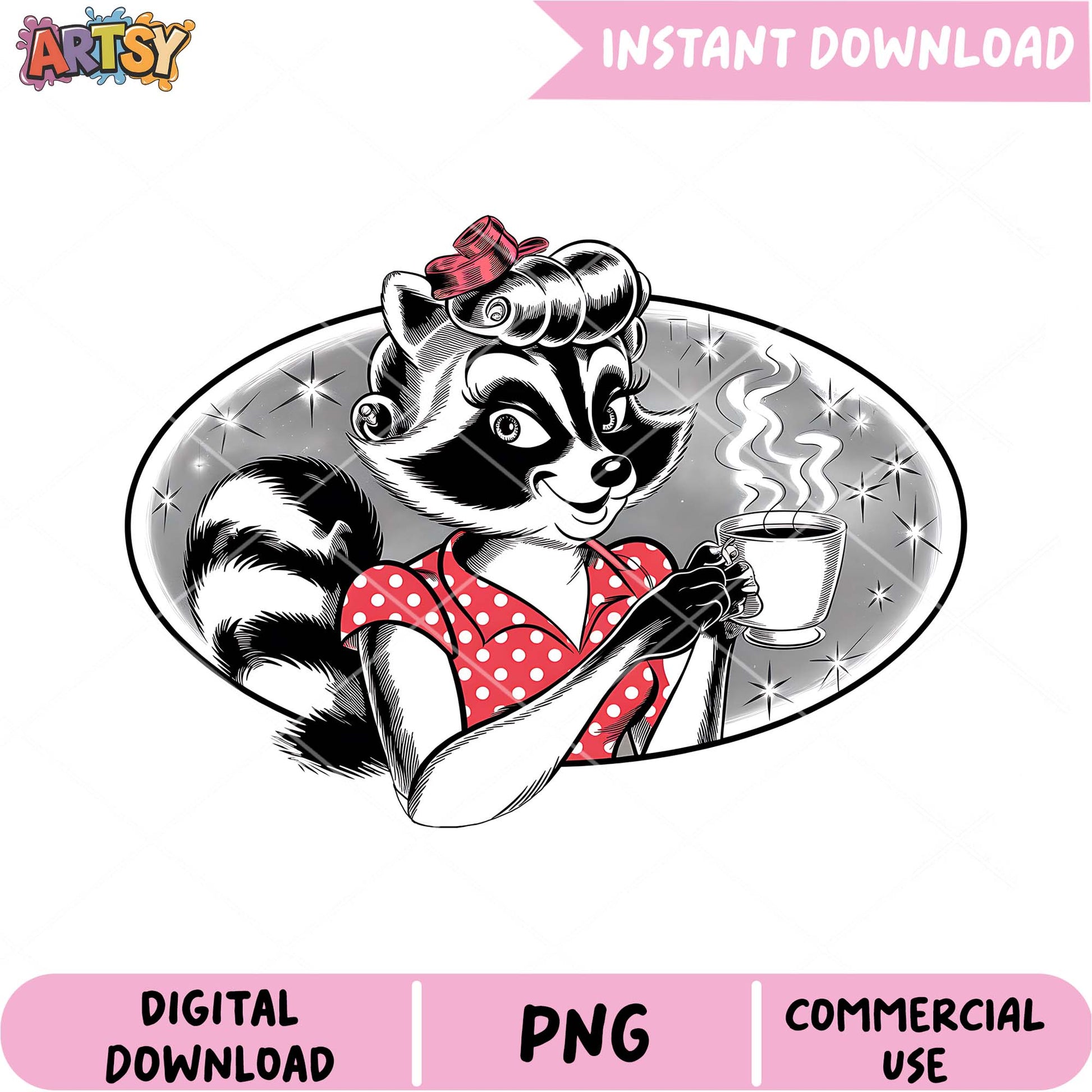 Pinup Raccoon Coffee PNG Instant Download