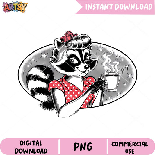 Pinup Raccoon Coffee PNG Instant Download