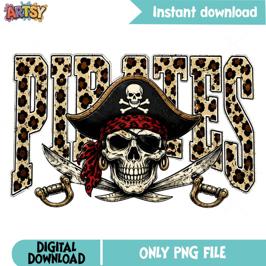 Pirates Leopard Print PNG, Skull Crossbones Pirate PNG, Team Mascot PNG