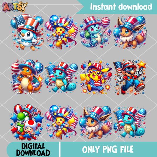 Pokemon 4th of july png bundle, pokemon cartoon png, 4th of july png