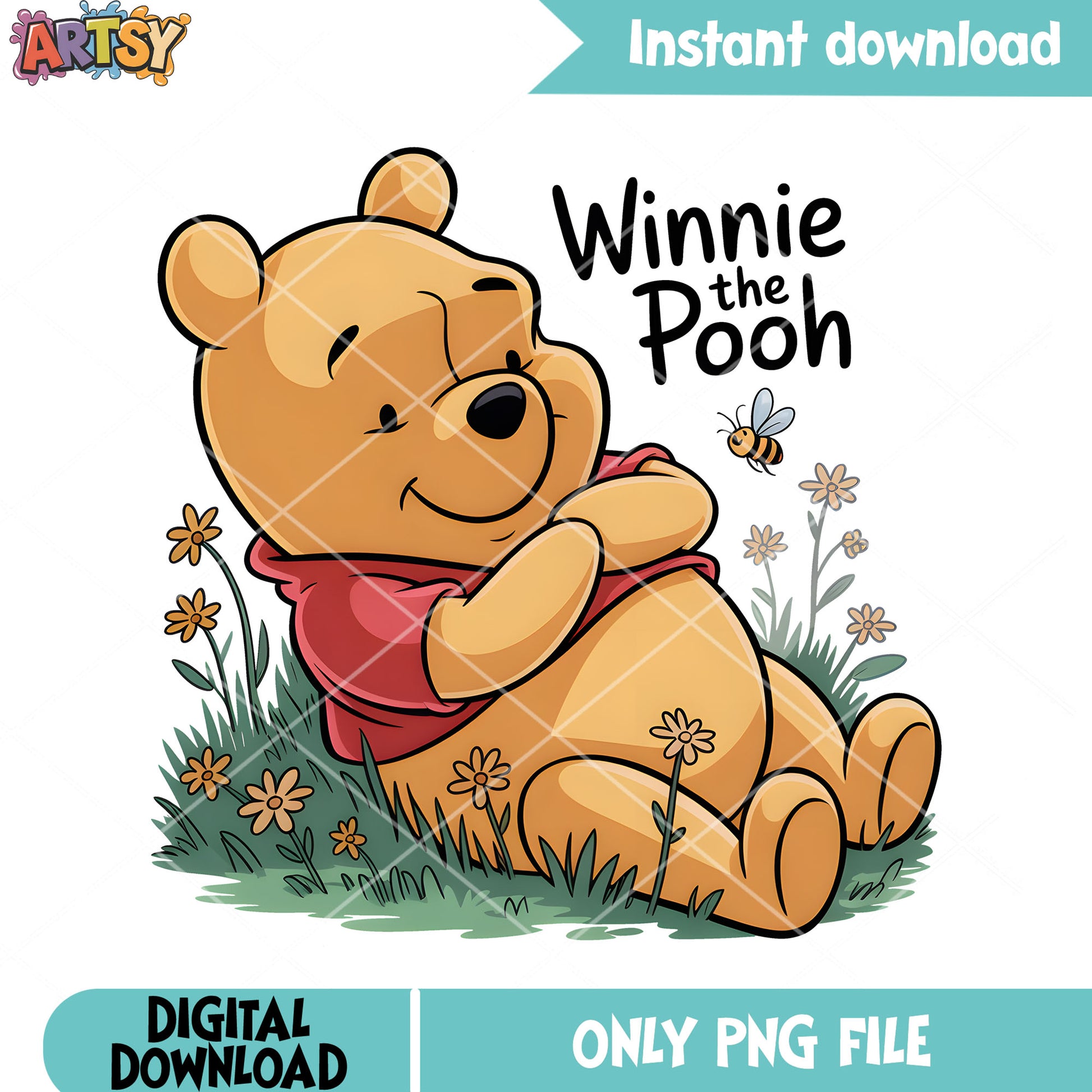 Pooh and bee in flower field png, winnie the pooh png, pooh bear png