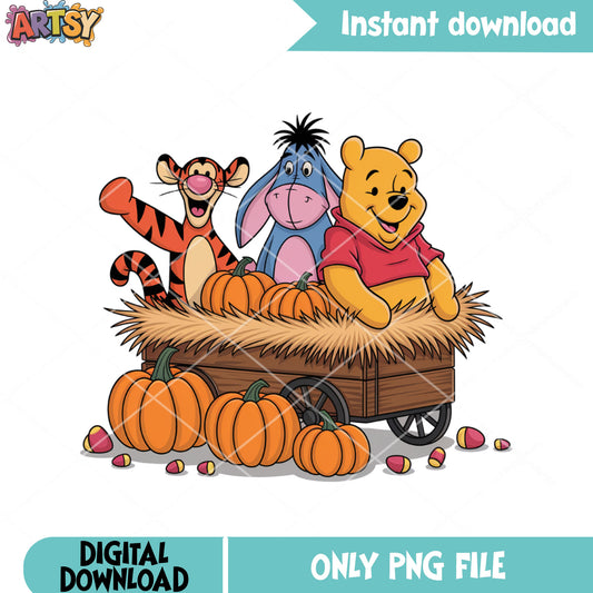 Pooh and tiger and eeyore png, disney halloween png, pumpkin truck png