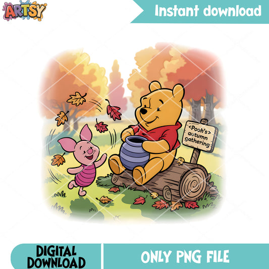 Pooh autumn gathering png, disney piglet png, winnie the pooh png