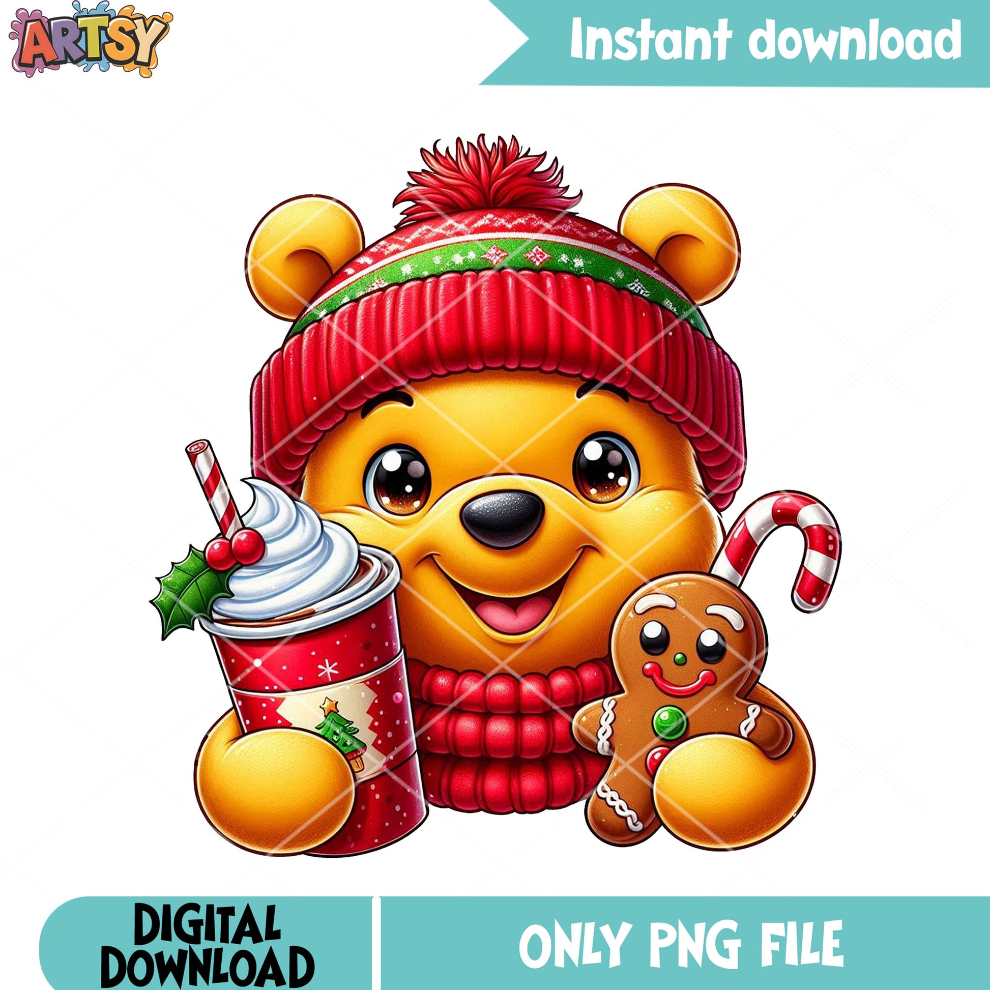 Pooh bear winter png, christmas hot chocolate png, hat cute png