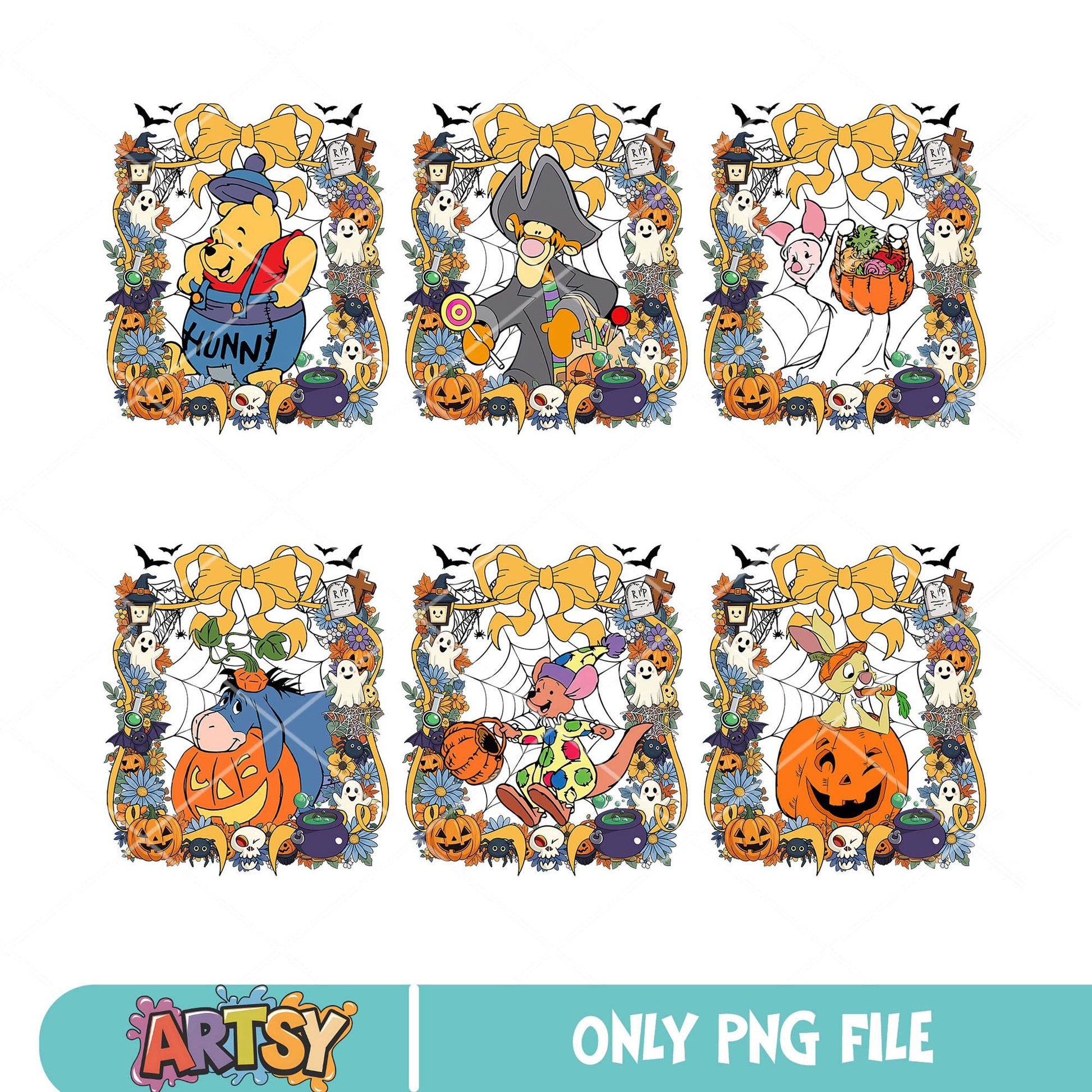 Pooh halloween frame png bundle, pooh halloween png, halloween bow png
