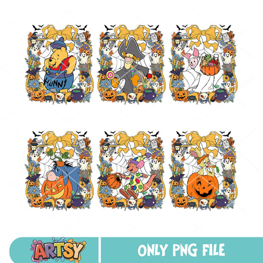 Pooh halloween frame png bundle, pooh halloween png, halloween bow png