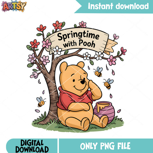 Pooh honey blossom vibes png, vinatge pooh png, pooh classic png