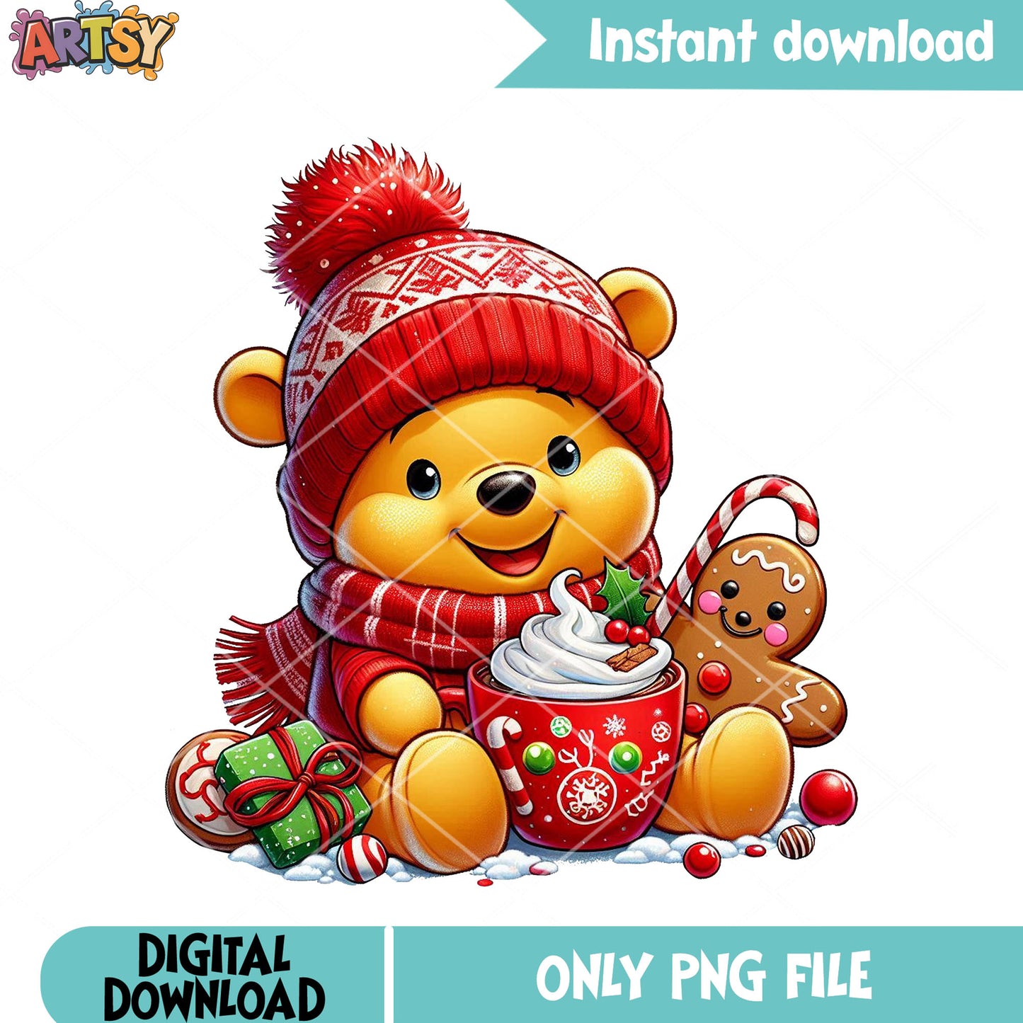 Pooh man holding png, gingerbread hot drink png, candy cane png