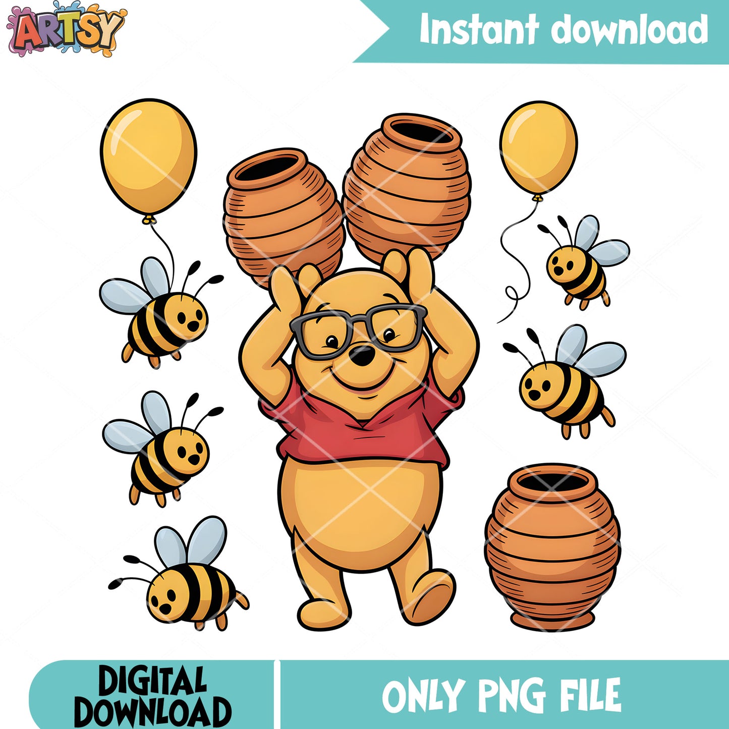 Pooh poster nerd png, winnie the pooh png,​ cute pooh bear​ png